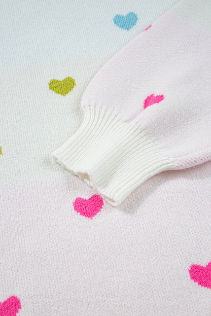 Multicolour Heart Pattern Colorblock Knit High Neck Baggy Sweater