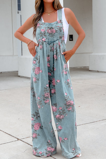 Blue Beau Floral Print Pleated High Waist Wide Leg Denim Jumpsuit