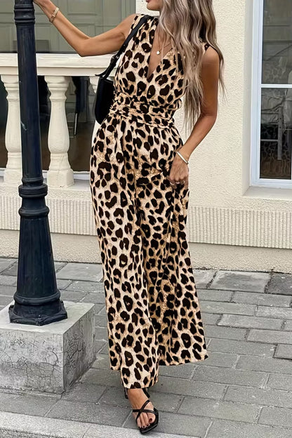 Women's High Waisted Leopard Print Sleeveless V-neck Jumpsuit