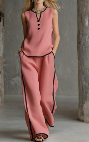 V-neck Contrasting Color Slimming Two-piece Set