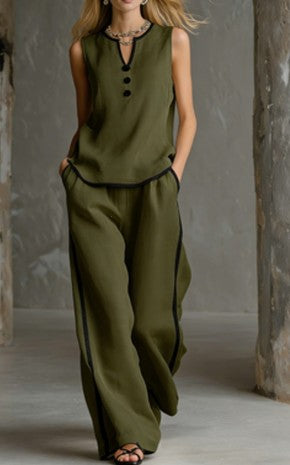 V-neck Contrasting Color Slimming Two-piece Set