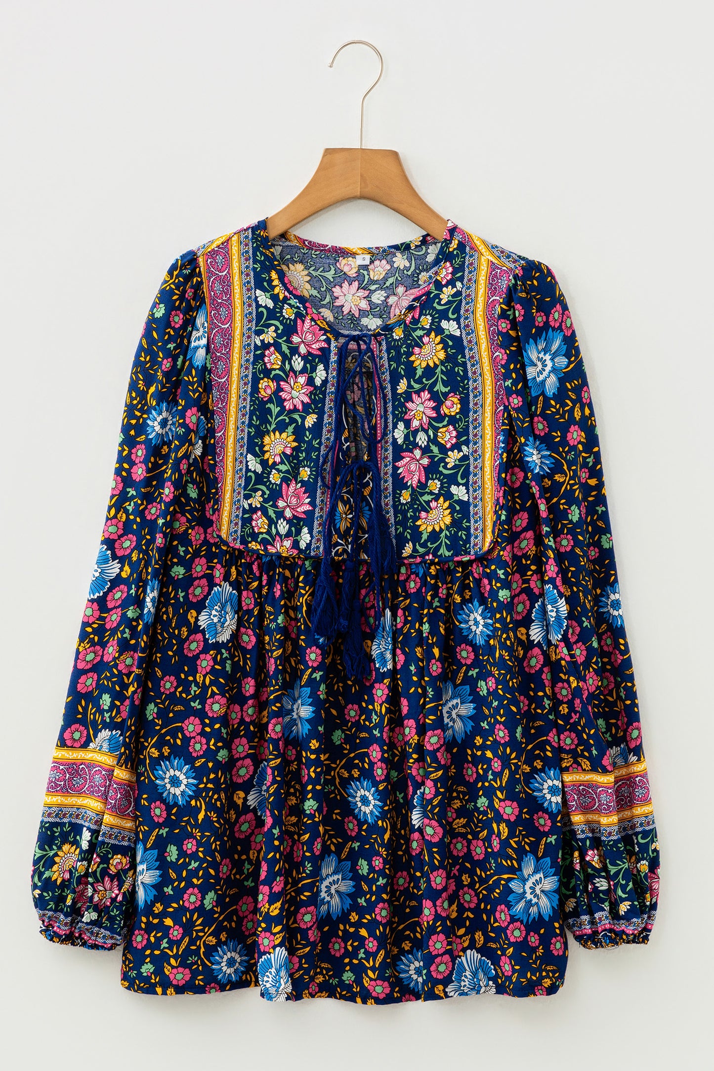 Blue Bohemian Floral Print Tassel Tie Front Long Sleeve Blouse