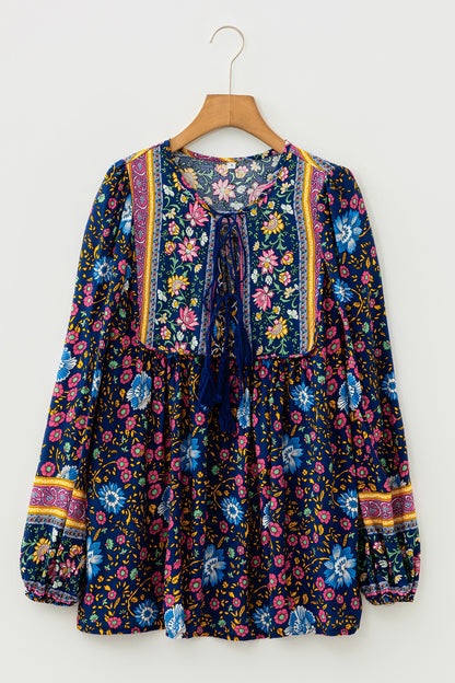 Blue Bohemian Floral Print Tassel Tie Front Long Sleeve Blouse