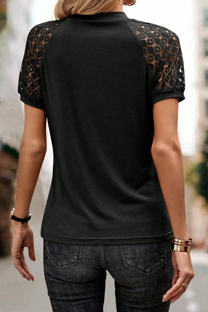Navy Blue Seamed Detail Contrast Lace Raglan Sleeve Tee