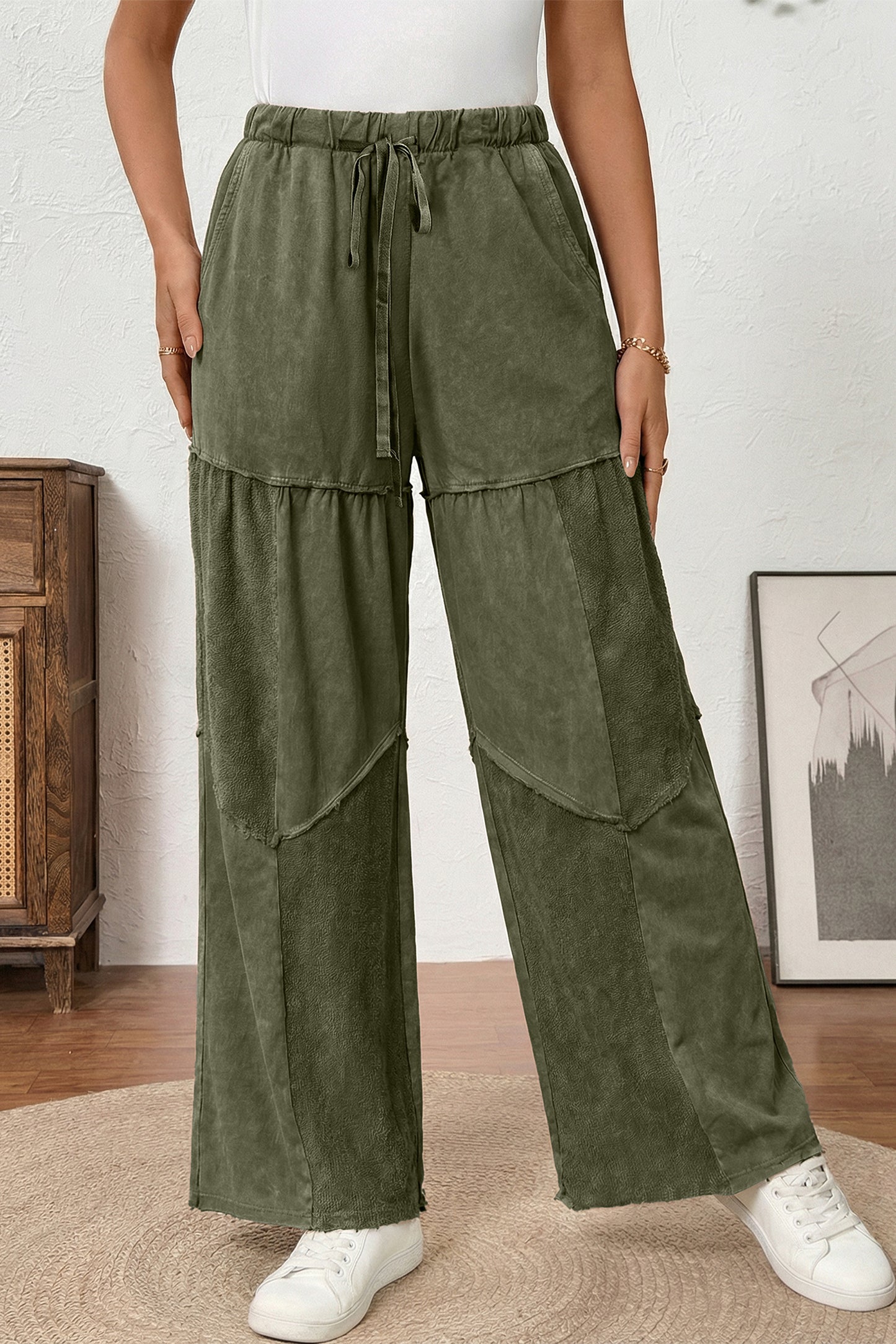 Black Mineral Wash Tiered Wide Leg Patchwork Drawstring Pants