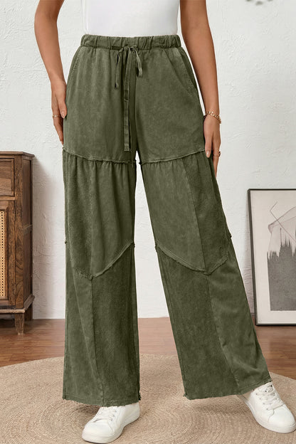 Black Mineral Wash Tiered Wide Leg Patchwork Drawstring Pants