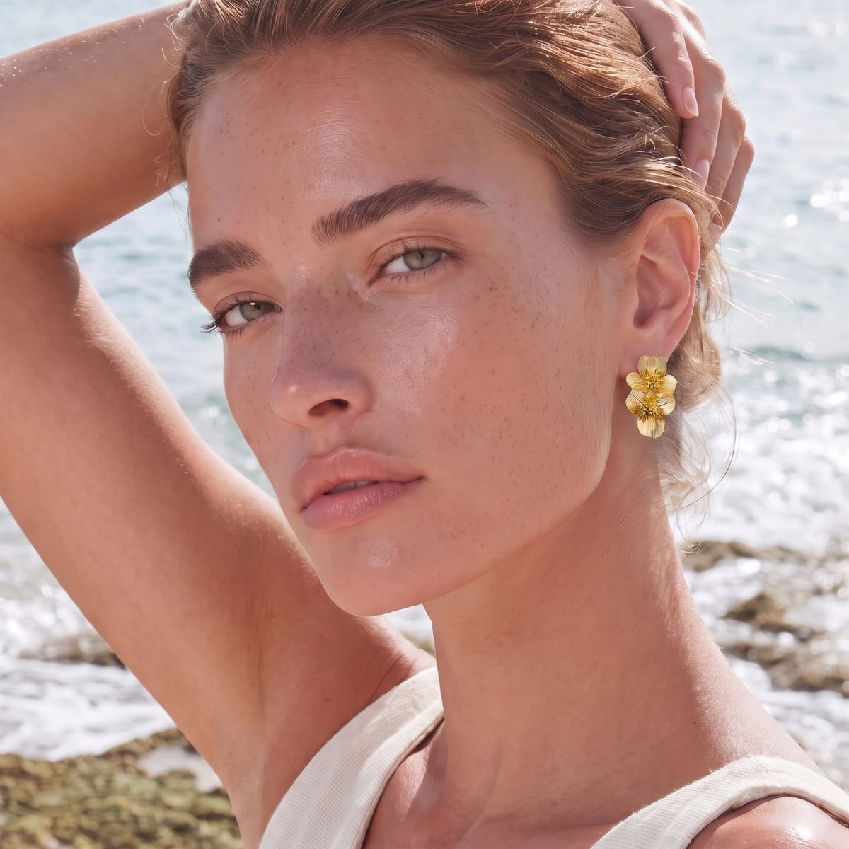Golden Bloom Double Earrings by Thrivora