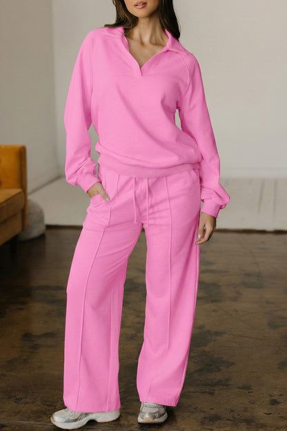 Dark Khaki Polo Collar V Neck Pullover and Drawstring Sweatpants Set