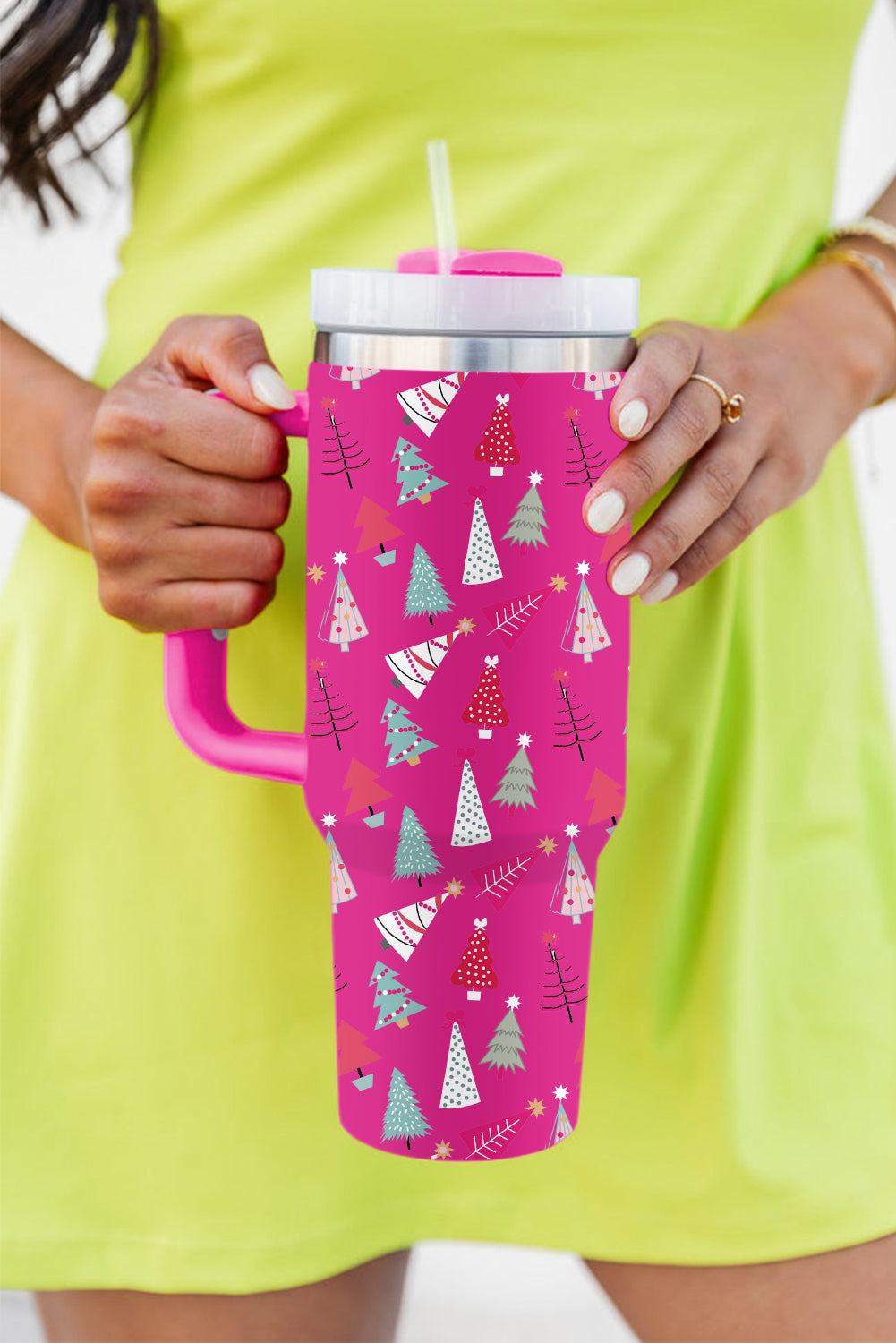 Black Cartoon Christmas Tree Printed Thermos Cup 40oz