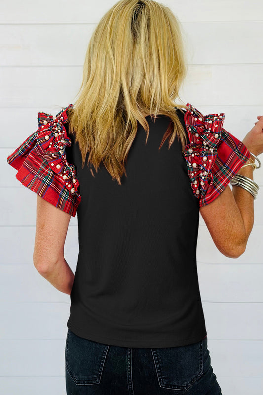 Black Plaid Pearl Ruffle Short Sleeve Loose T Shirt