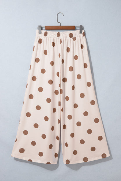 Beige Polka Dot Wide Leg Elastic Waist Casual Pants