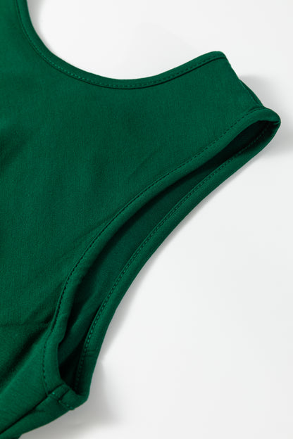 Blackish Green Solid Color Round Neck Ruched Detail Sleeveless Mini Dress
