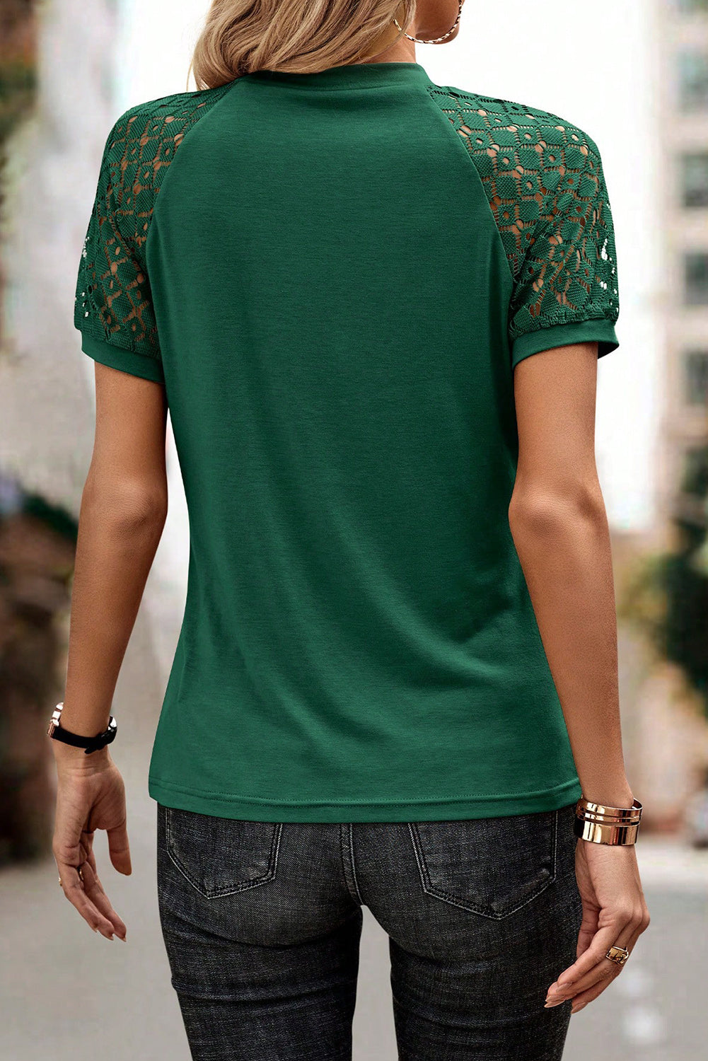 Navy Blue Seamed Detail Contrast Lace Raglan Sleeve Tee