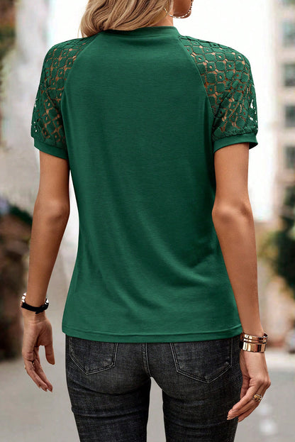 Navy Blue Seamed Detail Contrast Lace Raglan Sleeve Tee