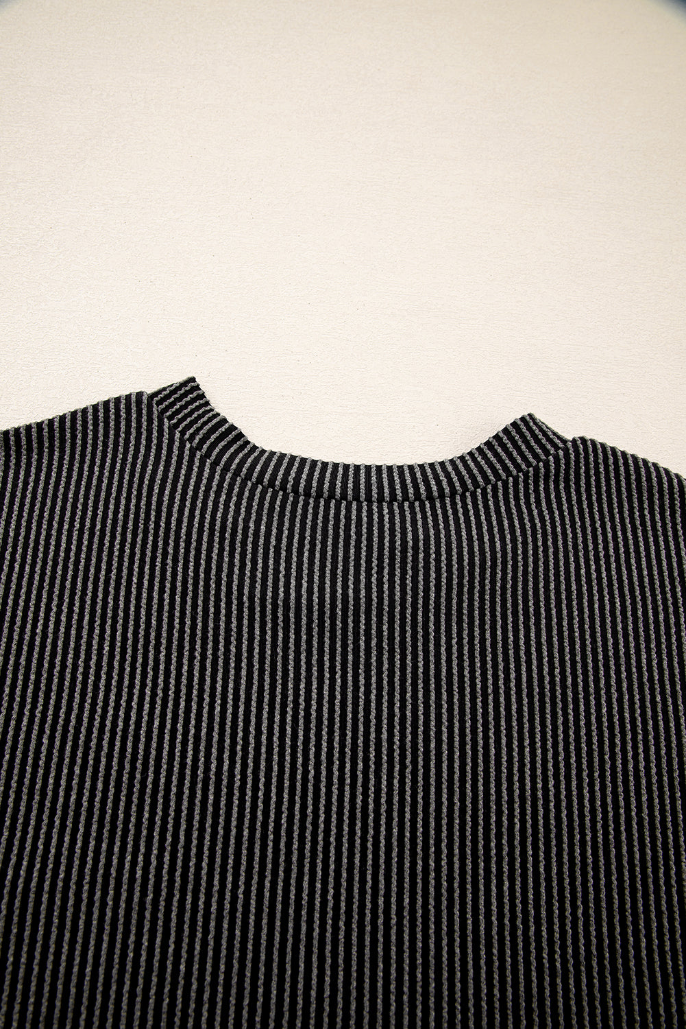 Pink Corded Knit Color Block Pocketed Crew Neck T Shirt