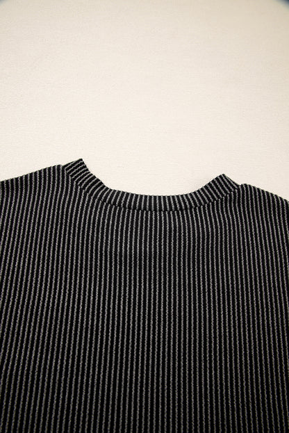 Pink Corded Knit Color Block Pocketed Crew Neck T Shirt