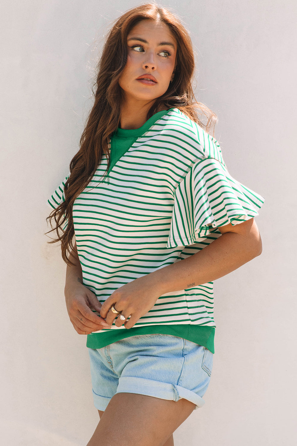 Parchment Contrast Detail Striped Ruffle Short Sleeve Top