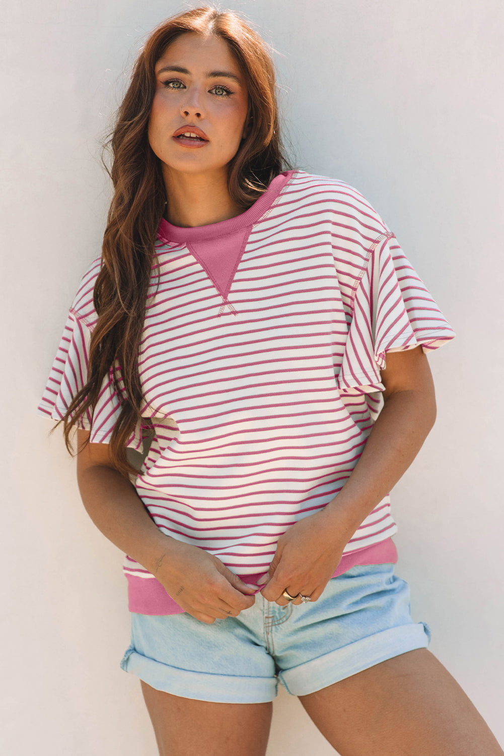 Parchment Contrast Detail Striped Ruffle Short Sleeve Top
