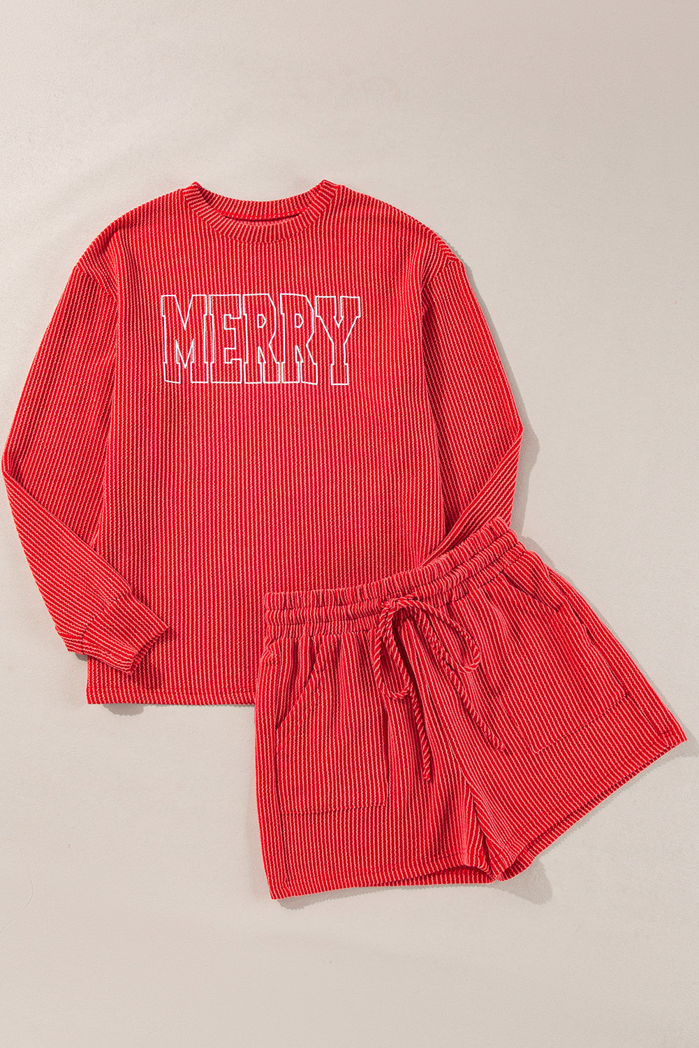 Evergreen Corded MERRY Graphic Long Sleeve Top and Shorts Set