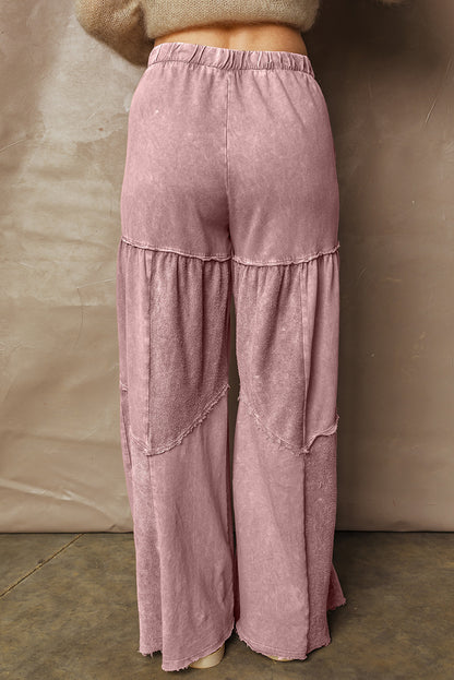 Black Mineral Wash Tiered Wide Leg Patchwork Drawstring Pants