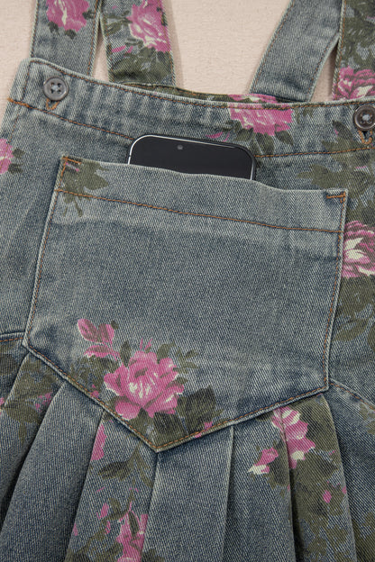 Blue Beau Floral Print Pleated High Waist Wide Leg Denim Jumpsuit