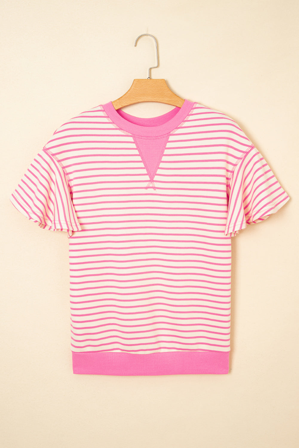 Parchment Contrast Detail Striped Ruffle Short Sleeve Top