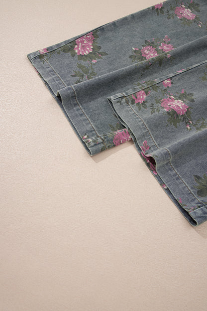 Blue Beau Floral Print Pleated High Waist Wide Leg Denim Jumpsuit