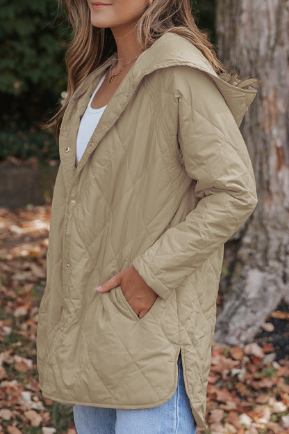 Beige Quilted Snap Button Hooded Coat