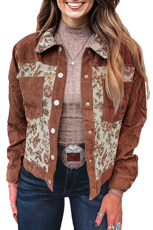 Medium Grey Ribbed Retro Floral Patchwork Shirt Style Jacket