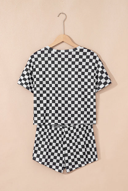 Brown Checkerboard T Shirt and High Waist Skorts 2 Piece Outfit