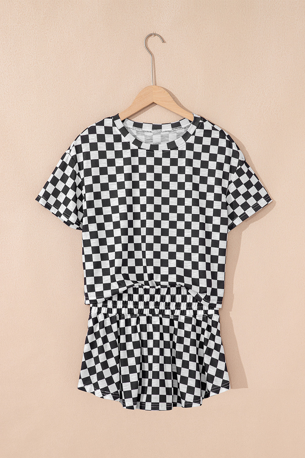 Brown Checkerboard T Shirt and High Waist Skorts 2 Piece Outfit