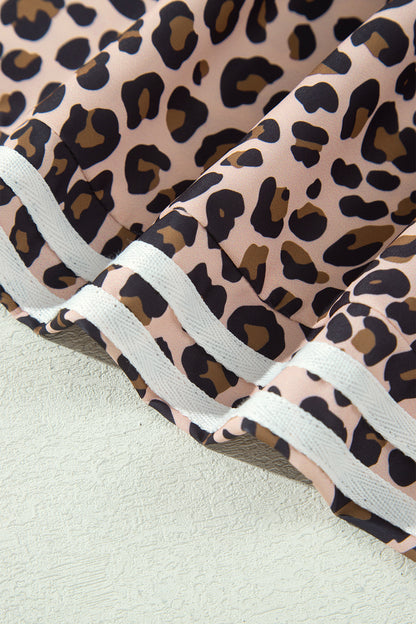Beige Leopard Print Side Striped Detail Casual Wide Leg Pants