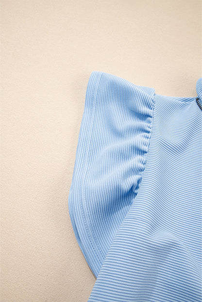 Pink Textured Ruffled Sleeve Zipped Top and Wide Leg Pants Set