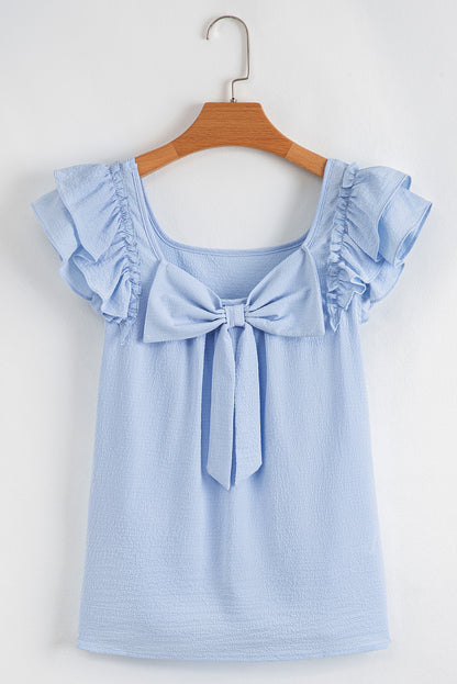 Beige Textured Bow Knot Frilled Butterfly Sleeve Blouse