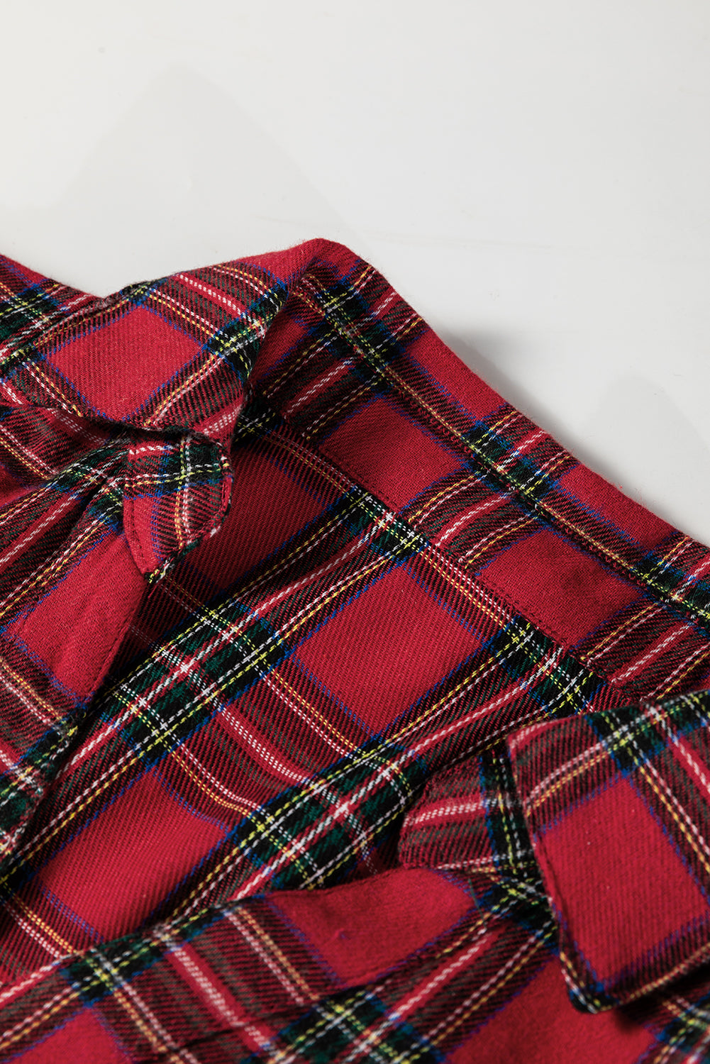 Red Plaid Shirt Collar Half Button Ruffle Hem Long Sleeve Mini Dress