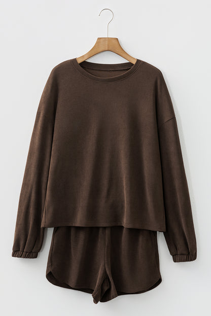 Dark Brown Solid Color Textured Knit Drop Shoulder Pullover Drawstring Shorts Set