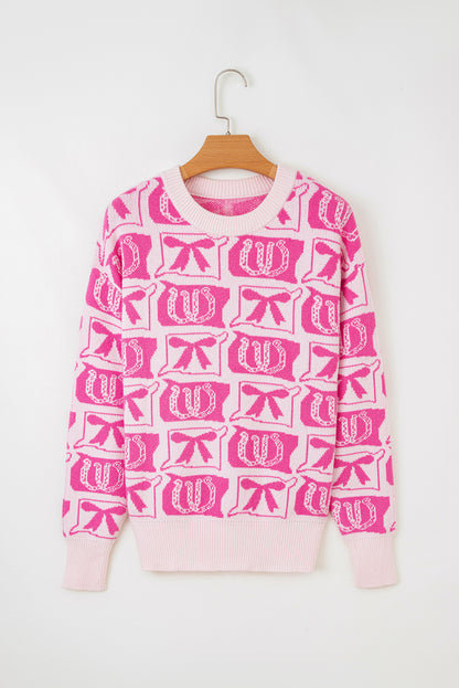 Pink Bows & Horseshoes Pattern Western Fashion Print Sweater