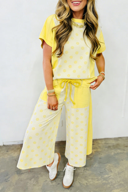 Sky Blue Color Block Patchwork Polka Dot Wide Leg Pant Set