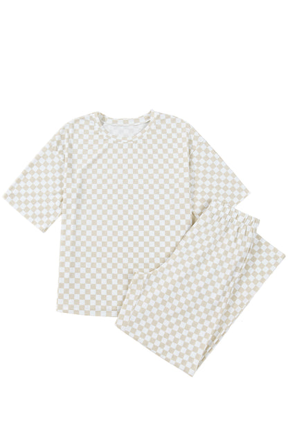 Khaki Checkered Print Half Sleeve Tee 2pcs Lounge Pant Set