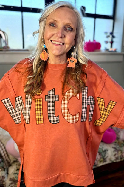 Flamingo Halloween Witchy Plaid Slogan Embroidered Patch Tunic Sweatshirt