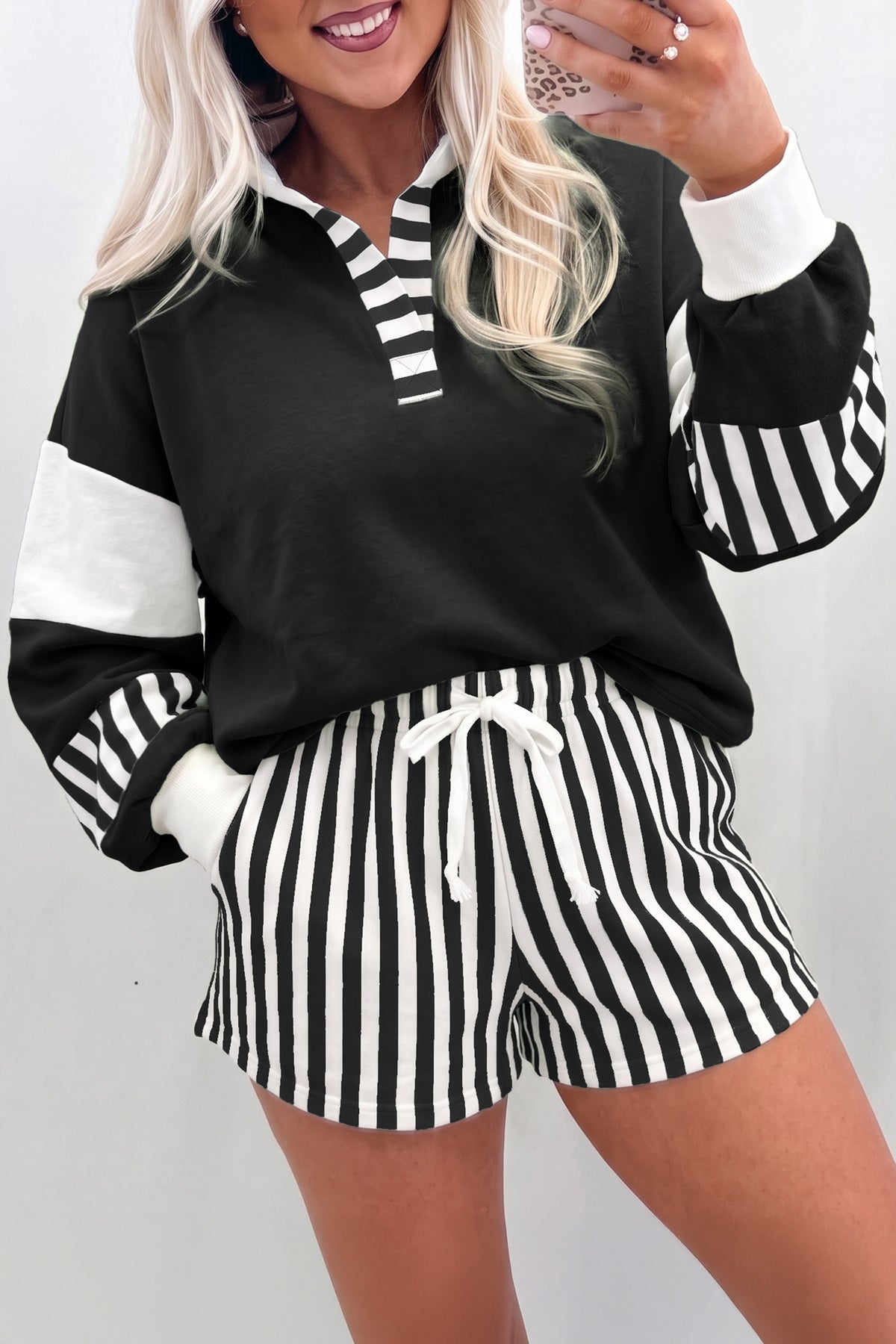 Smoke Gray Striped Color Block Pullover Top Drawstring Shorts Set