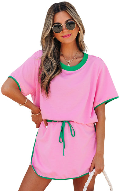 Bonbon Colorblock Edge Drop Shoulder T Shirt and Skort 2Pcs Set