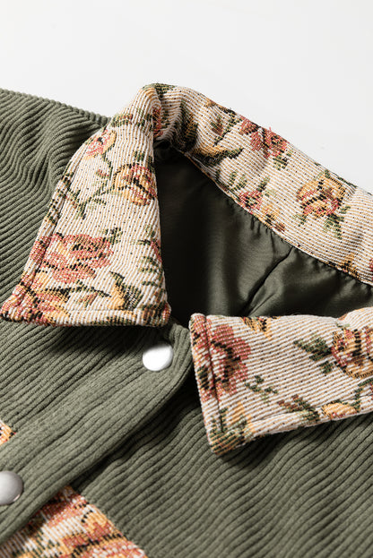 Medium Grey Ribbed Retro Floral Patchwork Shirt Style Jacket