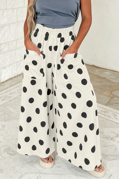 Beige Polka Dot Wide Leg Elastic Waist Casual Pants