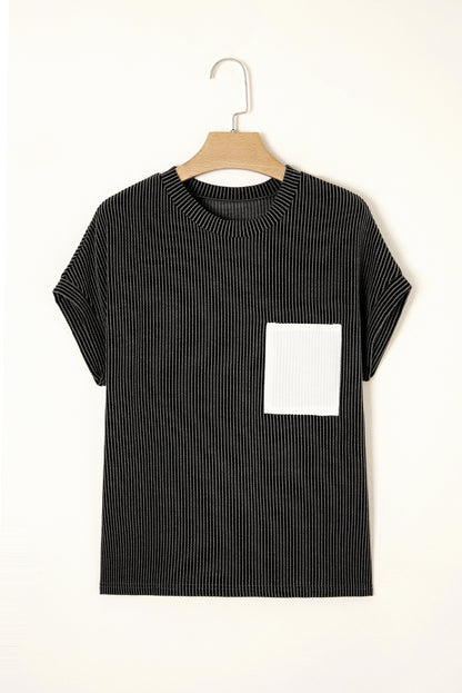 Pink Corded Knit Color Block Pocketed Crew Neck T Shirt