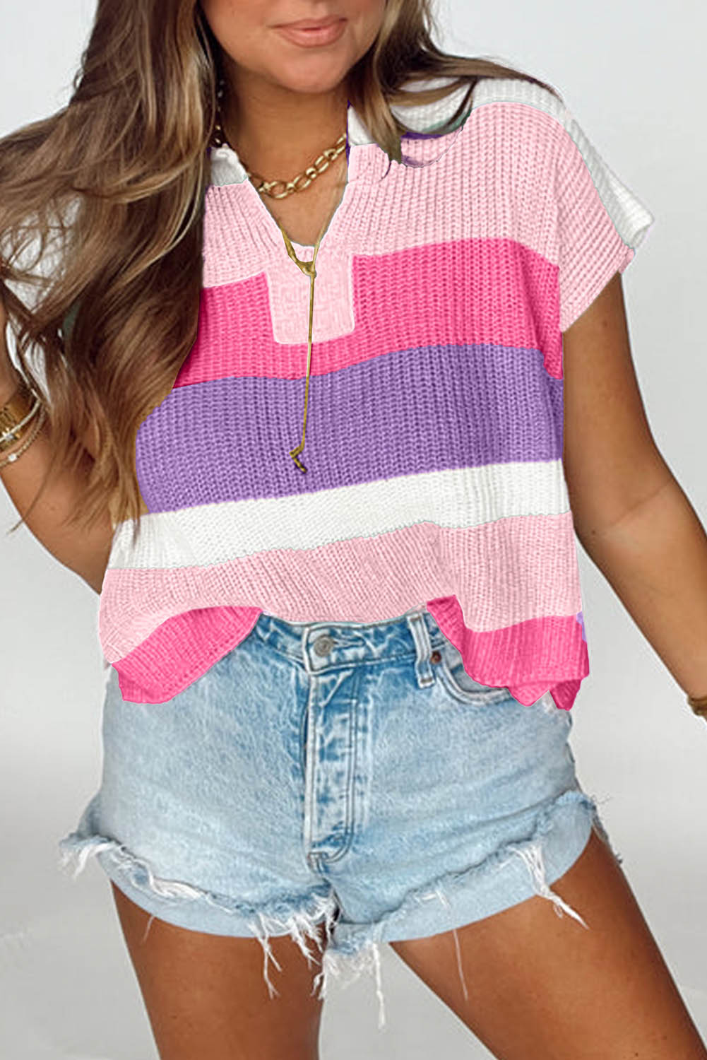 Multicolour Color Block Notch V Neck Sweater T Shirt