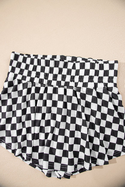 Brown Checkerboard T Shirt and High Waist Skorts 2 Piece Outfit