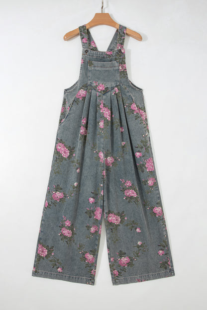 Blue Beau Floral Print Pleated High Waist Wide Leg Denim Jumpsuit