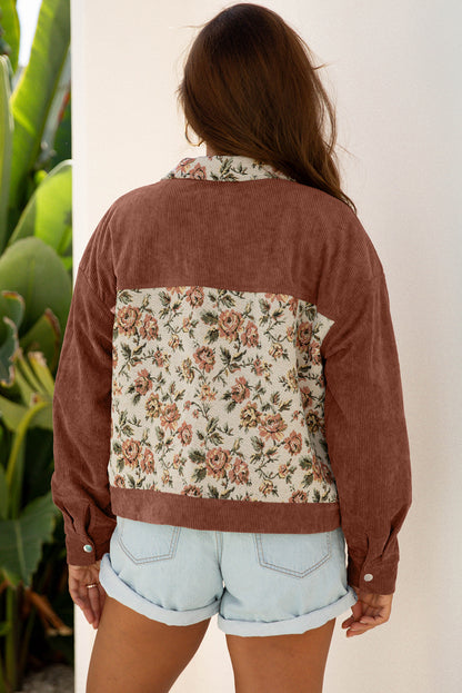 Medium Grey Ribbed Retro Floral Patchwork Shirt Style Jacket