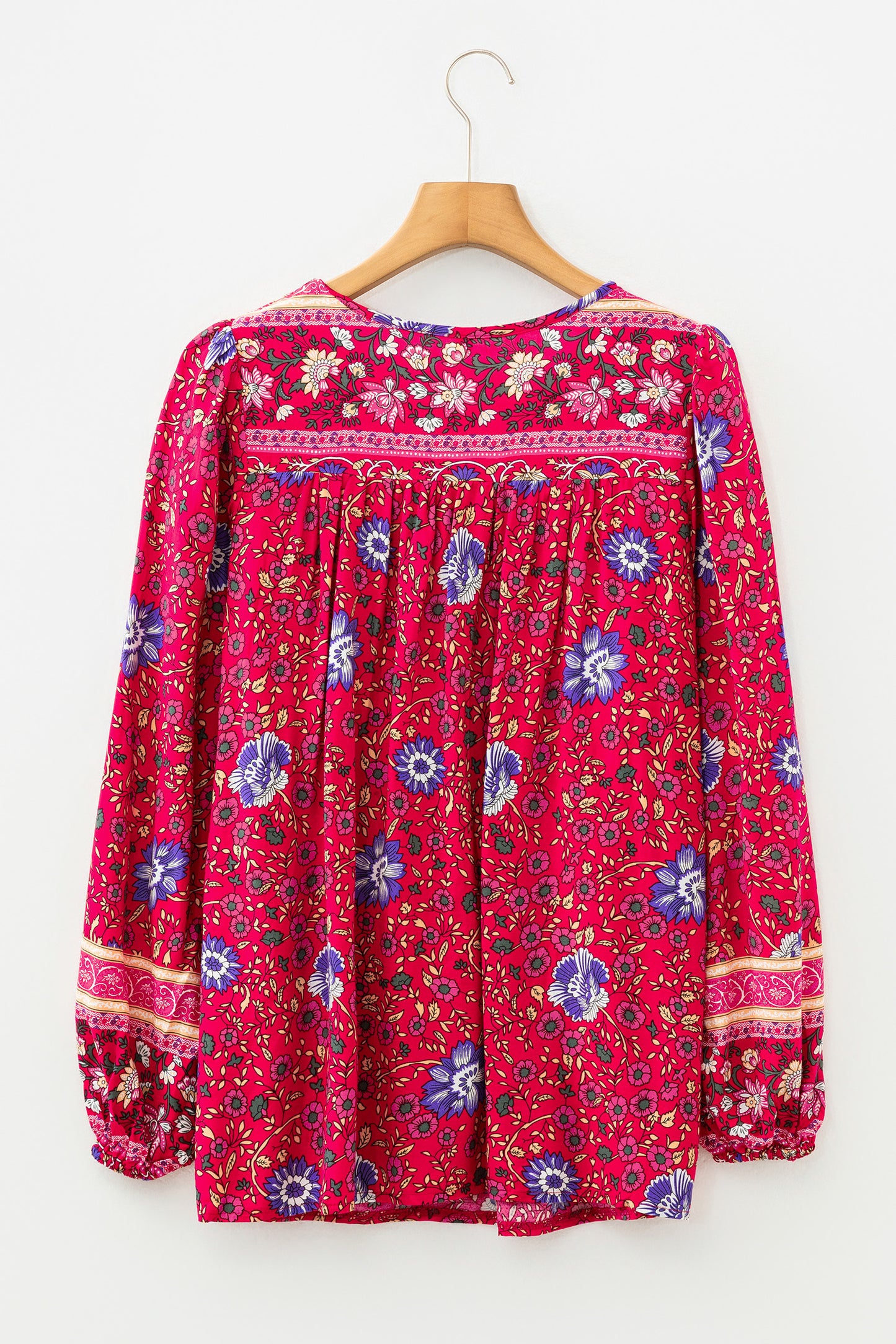 Blue Bohemian Floral Print Tassel Tie Front Long Sleeve Blouse